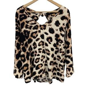 Aware by Vero Moda Animal Print Top Womens XL Keyhole Back Leopard Wide Sleeve